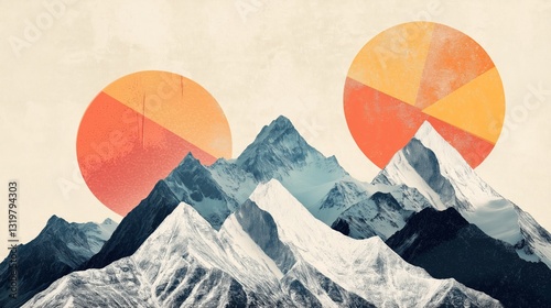 Abstract Geometric Mountain Landscape with Dual Suns and Retro Color Palette