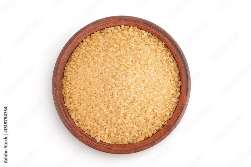 The brown sugar in ceramic bowl isolated on white background. Top view. Flat lay The brown sugar in ceramic bowl isolated on white background. Top view. Flat lay