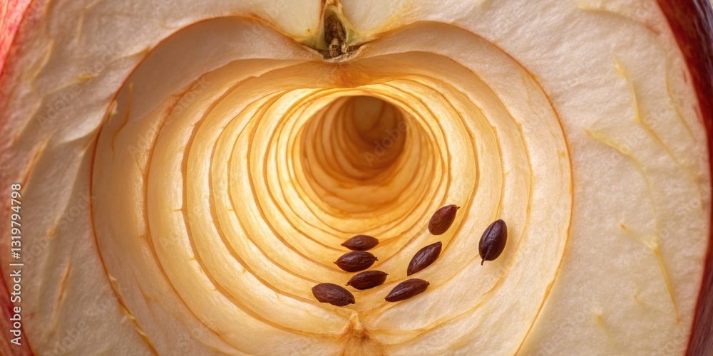Sliced apple reveals intricate patterns and seeds inside its hollow core