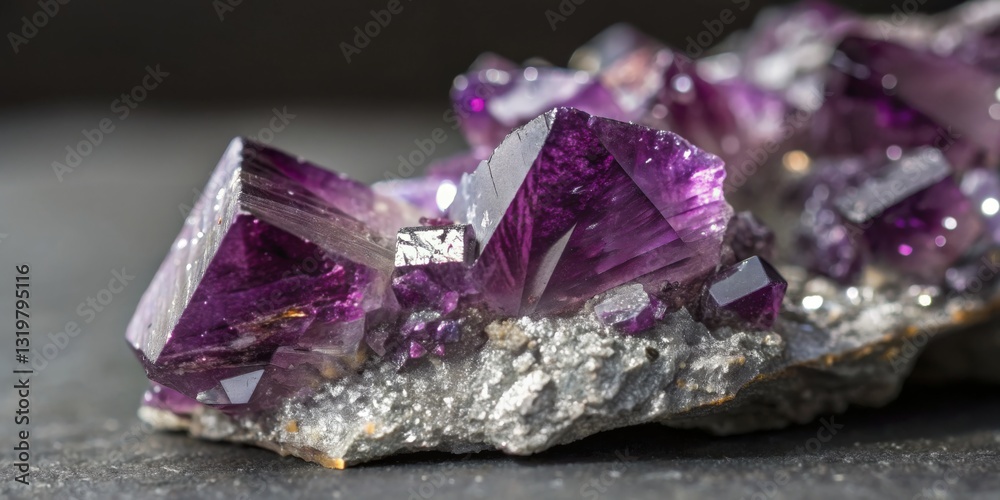 Beautiful cluster of amethyst crystals displaying rich violet hues on a dark surface in natural light