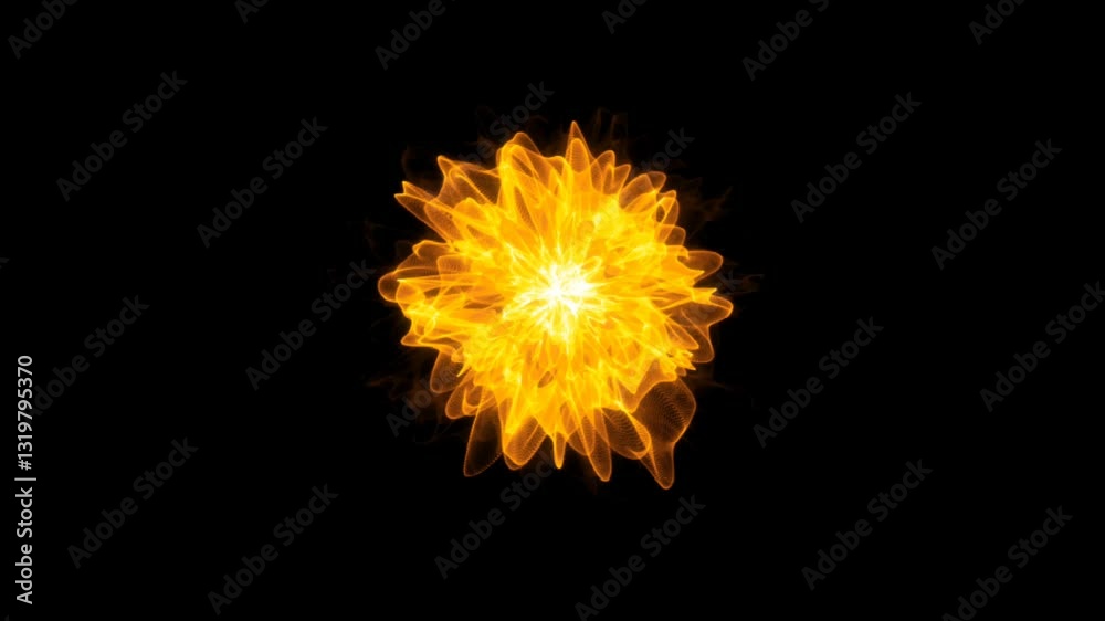 Fire energy bursts into a mesmerizing flower shape, glowing with vibrant flames on a black screen. A dynamic and artistic animation perfect for visual effects or motion graphics.