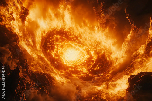 A hyperrealistic cosmic catastrophe unfolds as a colossal gas giant collapses, its molten core erupting in a superheated explosion. Shattered fragments of its icy rings scatter into the deep space voi photo