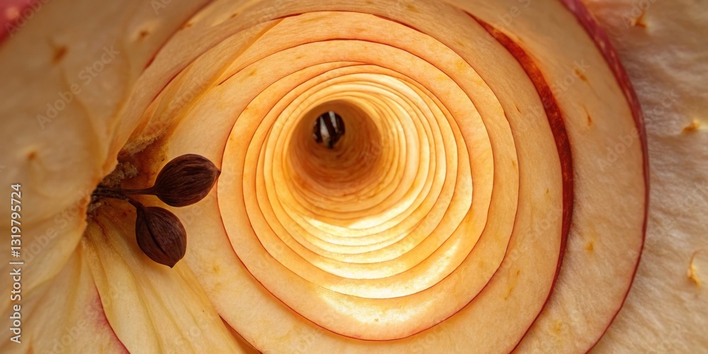 Captivating view into a sliced apple showcasing its inner spiral structure and seeds in natural light