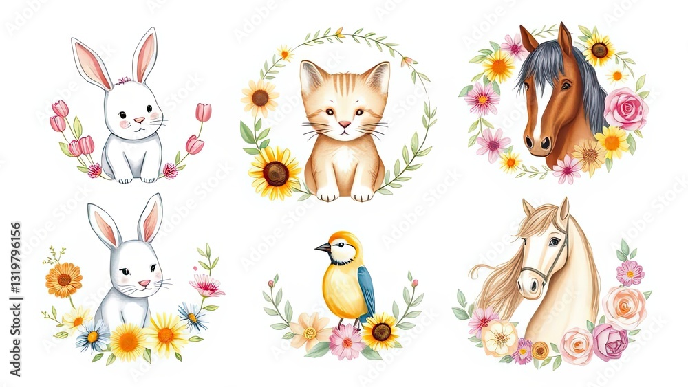 Naklejka premium Cute Animals with Flowers Bunny Kitten Bird Horses Spring