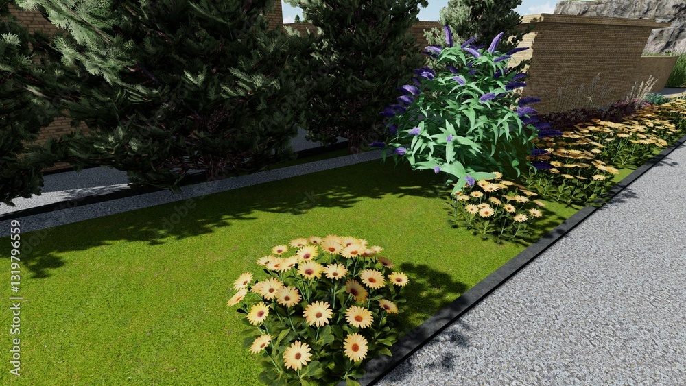 Fototapeta premium 3d image of the landscape design of the home territory. Landscaping of the territory. Computer visualization of composite landscaping and landscaping solutions.