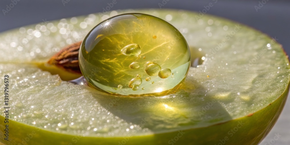 Close-up of a green apple slice with a crystal-like droplet reflecting inner details and natural light