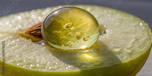 Obraz na płótnie Close-up of a green apple slice with a crystal-like droplet reflecting inner details and natural light w salonie