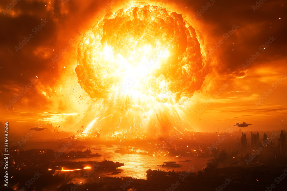 A hyperrealistic cosmic catastrophe unfolds as a colossal gas giant collapses, its molten core erupting in a superheated explosion. Shattered fragments of its icy rings scatter into the deep space voi A hyperrealistic cosmic catastrophe unfolds as a colossal gas giant collapses, its molten core erupting in a superheated explosion. Shattered fragments of its icy rings scatter into the deep space voi