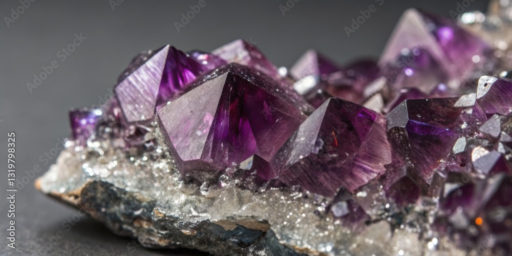 Diverse purple amethyst crystals displayed against a dark background showcasing natural beauty and geometric forms
