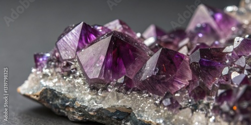 Diverse purple amethyst crystals displayed against a dark background showcasing natural beauty and geometric forms