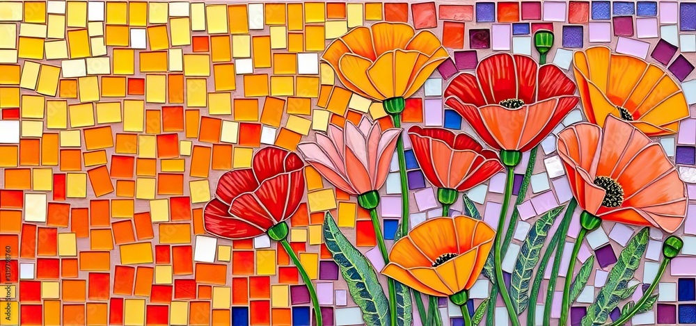 Naklejka premium Vibrant Poppy Mosaic Art Colorful Floral Tile Design