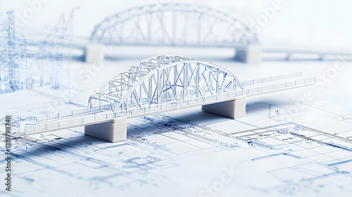 Obraz na płótnie 3D Printed Miniature White Bridge Model On Detailed Blueprints For Urban Infrastructure Development Project w salonie