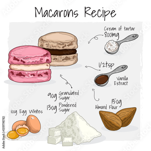 Macarons French Pastry Illustration Recipe Dessert with Ingredients