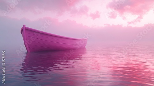 A pink boat floating on top of a body of water