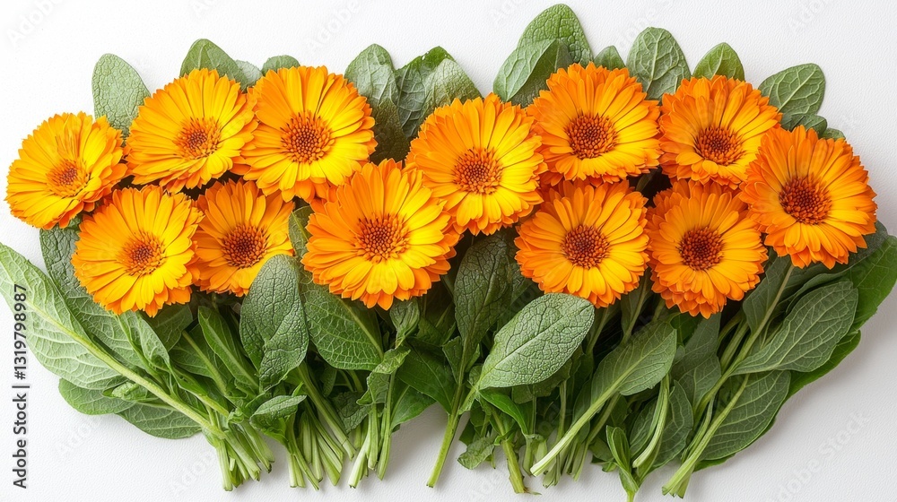 Fototapeta premium A bunch of orange flowers with green leaves on a white surface