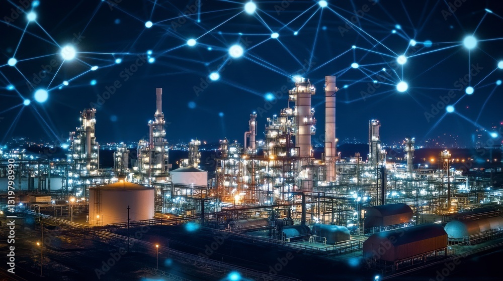 Fototapeta premium Industrial plant at night with interconnected network