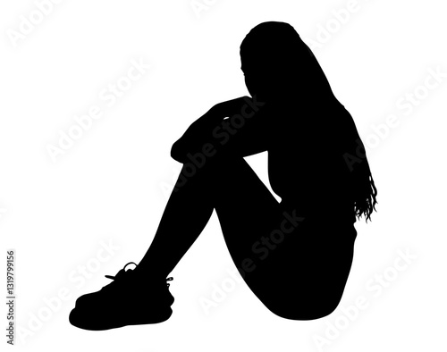 Silhouette of sad young woman sitting and hugging knees, expressing loneliness and depression. Vector illustration