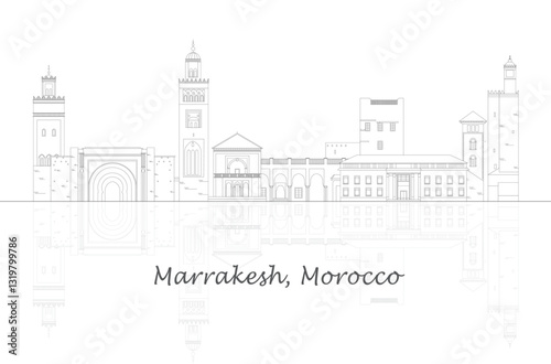 Outline Skyline panorama of town of Marrakesh, Morocco - vector illustration