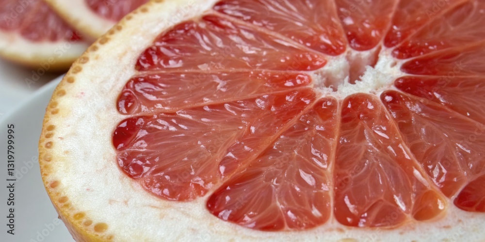 Freshly cut grapefruit showcasing juicy segments and vibrant colors in a bright kitchen setting