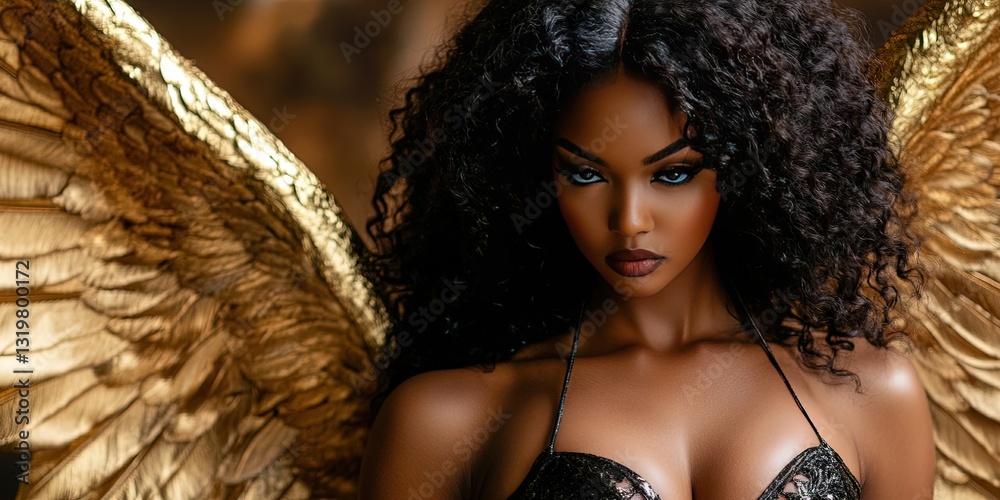 Obraz premium Black woman angel with feathered wings
