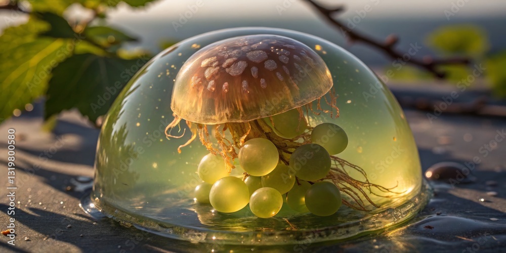 Unique jellyfish enclosed in a dome with green grapes on a sunny day by the water