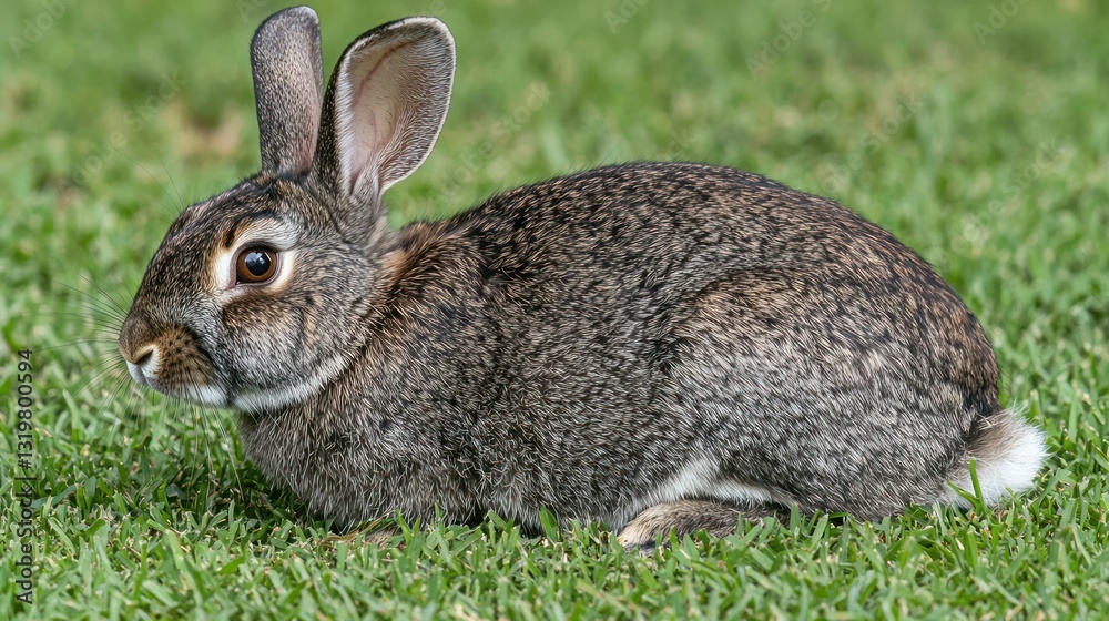 Fototapeta premium Grey rabbit resting on green grass, outdoors