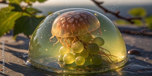Obraz na płótnie Unique jellyfish enclosed in a dome with green grapes on a sunny day by the water w salonie