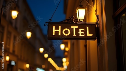 Photograph of a hotel sign at night, with warm yellow lighting and a vintage lantern-style design. The sign reads 