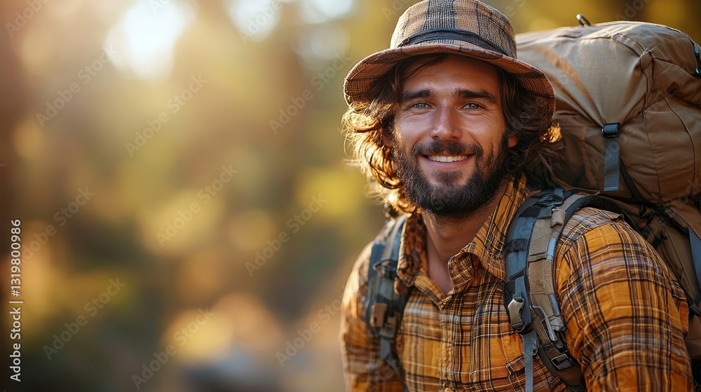 A man with a backpack smiles at the camera A man with a backpack smiles at the camera