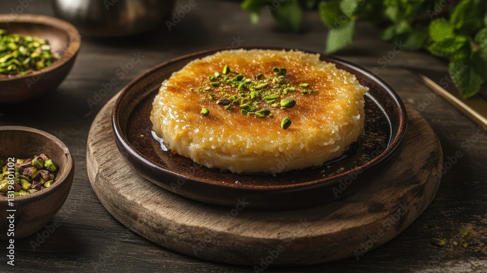 Trendy Scene of Traditional Knafeh Dessert in Rustic Setting: Golden Crispy Texture and Gooey Cheese Filling on Ceramic Plate Trendy Scene of Traditional Knafeh Dessert in Rustic Setting: Golden Crispy Texture and Gooey Cheese Filling on Ceramic Plate