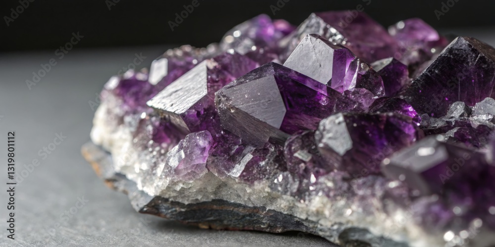 Beautiful amethyst crystal cluster showcasing vibrant purple hues on a dark surface