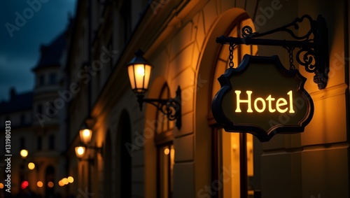 Photograph of a hotel sign at night, with warm yellow lighting and a vintage lantern-style design. The sign reads 