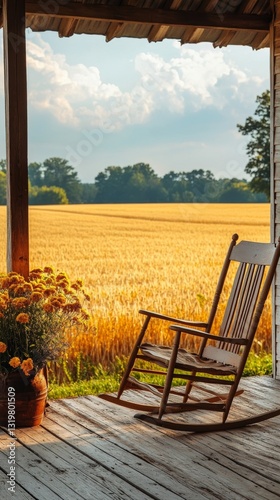 Rocking chair on a farmhouse porch with view of golden wheat field and clear blue sky