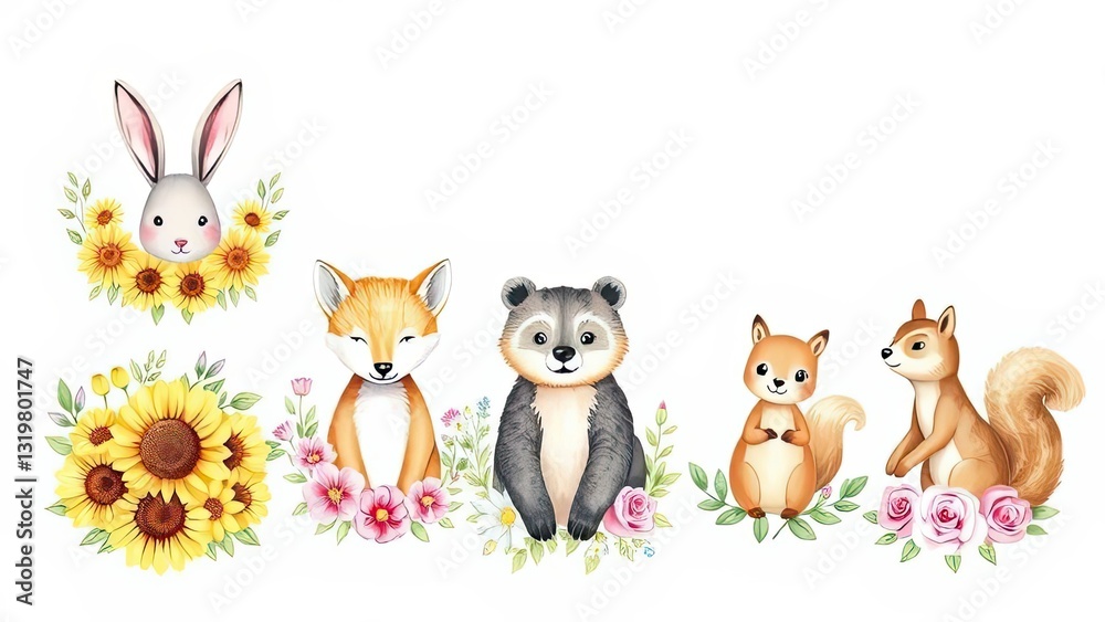 Naklejka premium Adorable Forest Animals with Sunflowers Roses Watercolor Illustration