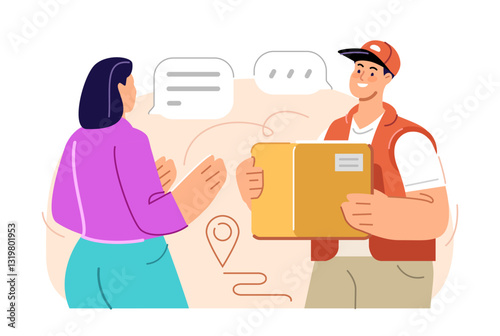 Woman receives parcel from courier at home. Delivery service, online shopping concept. Vector illustration flat design
