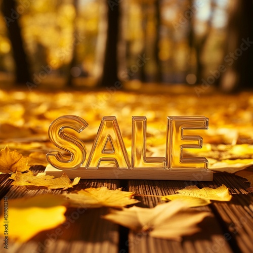 Sale sign made of glass on a background of yellow autumn leaves