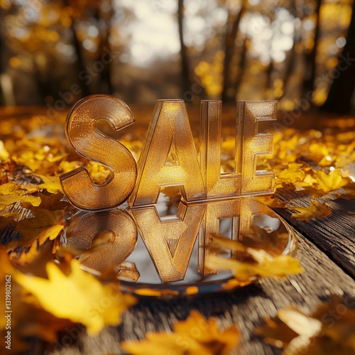 Sale sign made of glass on a background of yellow autumn leaves