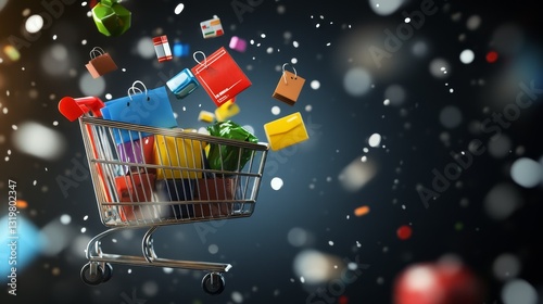 3d product icons flying from different directions into the basket on a dark background, motion blur