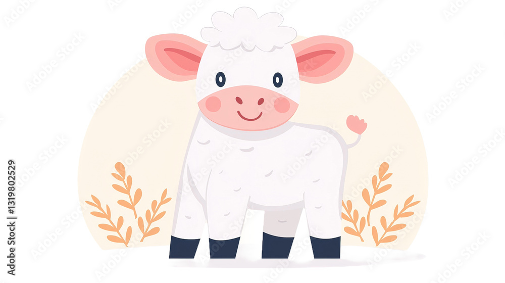 Naklejka premium Playful baby cow clipart with big ears and pink nose whimsical style farm environment front view cute concept