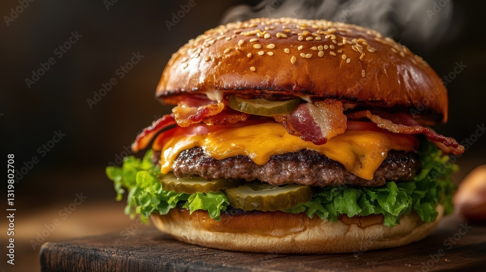 a close-up of a classic American cheeseburger with melted cheddar cheese, crispy bacon, fresh lettuce, tomato, and pickles, all within a golden toasted bun, with steam rising for a fresh look a close-up of a classic American cheeseburger with melted cheddar cheese, crispy bacon, fresh lettuce, tomato, and pickles, all within a golden toasted bun, with steam rising for a fresh look