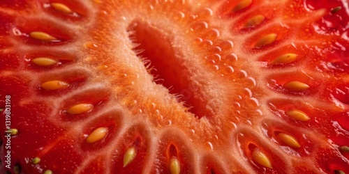 Obraz na płótnie Close-up view of a freshly sliced strawberry showcasing its vibrant color and texture with seeds visible w salonie