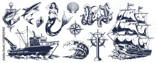 Nautical themed illustrations with sea creatures