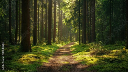 a lush forest path surrounded by tall pine trees, with sunlight filtering through the branches, casting dappled light on the green moss-covered ground