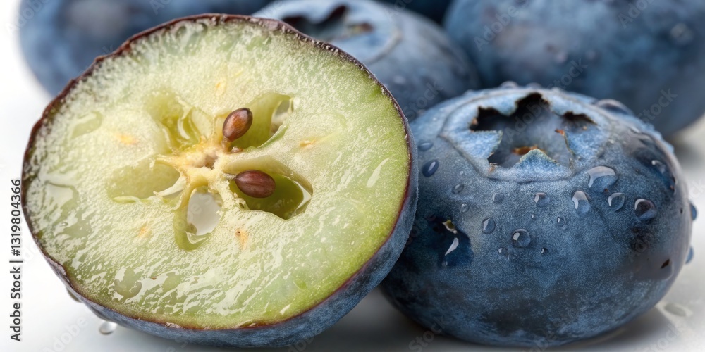 Fresh blueberries cut in half to reveal juicy interior and seeds on a white background