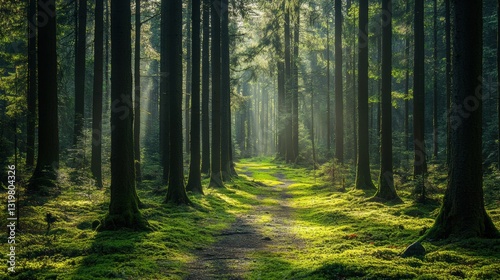 a lush forest path surrounded by tall pine trees, with sunlight filtering through the branches, casting dappled light on the green moss-covered ground