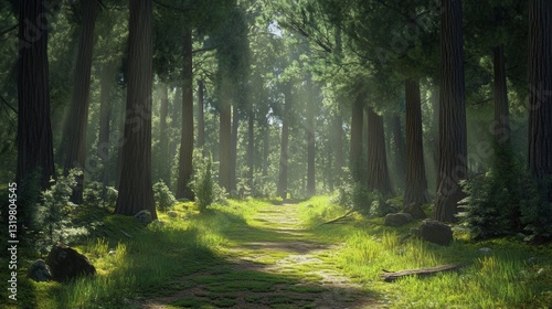a lush forest path surrounded by tall pine trees, with sunlight filtering through the branches, casting dappled light on the green moss-covered ground