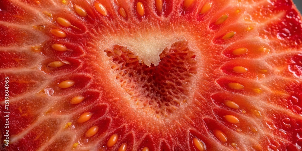 Close-up of a sliced strawberry revealing a heart-shaped core and vibrant seeds in bright red color