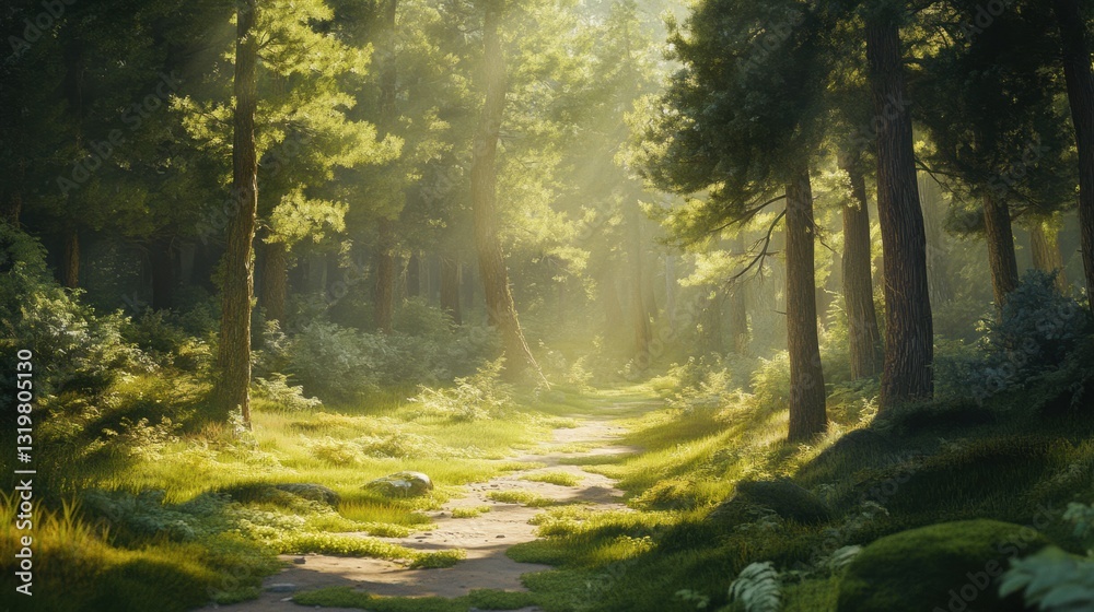 Obraz premium a lush forest path surrounded by tall pine trees, with sunlight filtering through the branches, casting dappled light on the green moss-covered ground