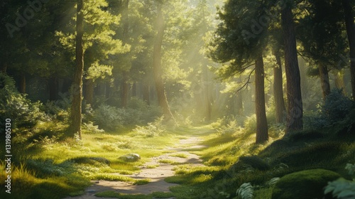 a lush forest path surrounded by tall pine trees, with sunlight filtering through the branches, casting dappled light on the green moss-covered ground