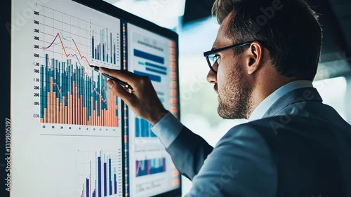 Professional analyst examining financial data on multiple computer screens displays